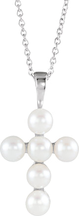 14K Gold Cultured White Freshwater Pearl Pearl Cross Necklace or Pendant - White Gold