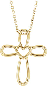 14K Gold Cross with Heart Necklace or Pendant - Yellow Gold
