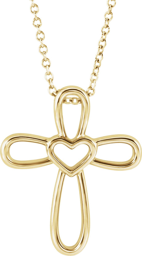 14K Gold Cross with Heart Necklace or Pendant - Yellow Gold