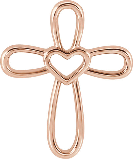 14K Gold Cross with Heart Necklace or Pendant - Rose Gold