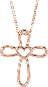 14K Gold Cross with Heart Necklace or Pendant - Rose Gold