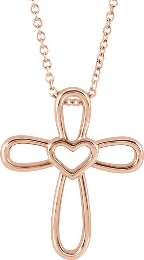 14K Gold Cross with Heart Necklace or Pendant - Rose Gold