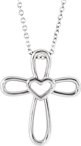 14K Gold Cross with Heart Necklace or Pendant - White Gold