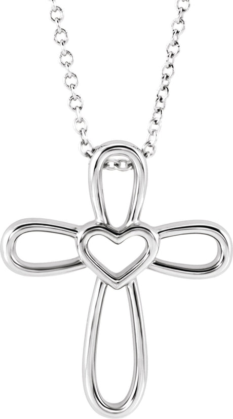 14K Gold Cross with Heart Necklace or Pendant - White Gold
