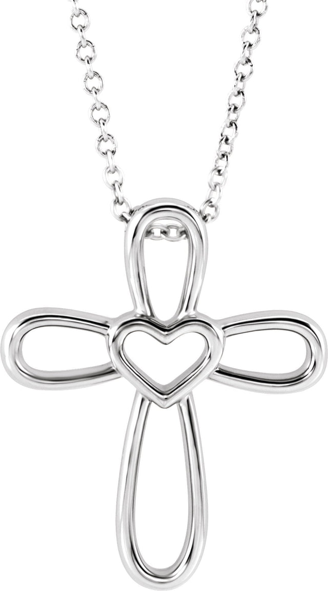 14K Gold Cross with Heart Necklace or Pendant - White Gold
