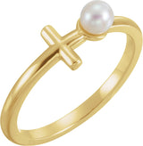 14K Gold Cultured White Freshwater Pearl Pearl Sideways Cross Ring - Yellow Gold