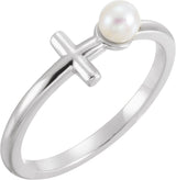 Platinum Cultured White Freshwater Pearl Pearl Sideways Cross Ring