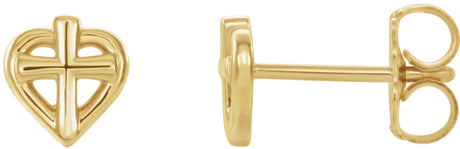 14K Gold Youth Cross & Heart Earrings - Yellow Gold