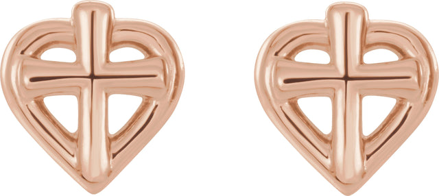 14K Gold Youth Cross & Heart Earrings - Rose Gold - view 2