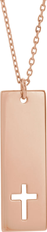 14K Gold Engravable Pierced Cross Bar Necklace or Pendant - Rose Gold