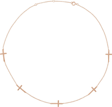 14K Gold Cross Station Necklace - Rose Gold