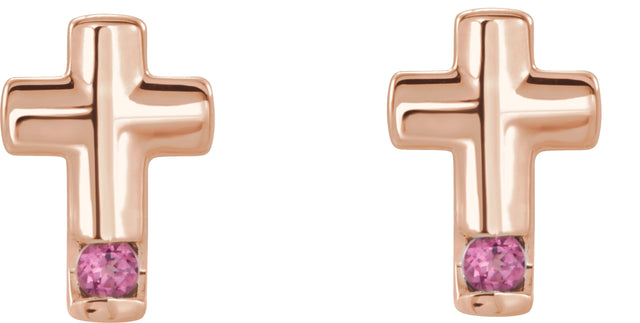 14K Gold Round Natural Pink Tourmaline Accented Cross Earrings - Rose Gold - view 6