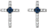 14K Gold Round Lab-Grown Blue Sapphire Accented Cross Earrings - White Gold - view 6
