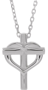 14K Gold Youth Cross with Heart Necklace or Pendant - White Gold