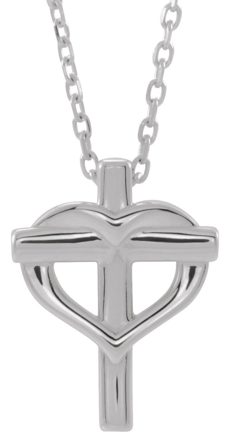 14K Gold Youth Cross with Heart Necklace or Pendant - White Gold