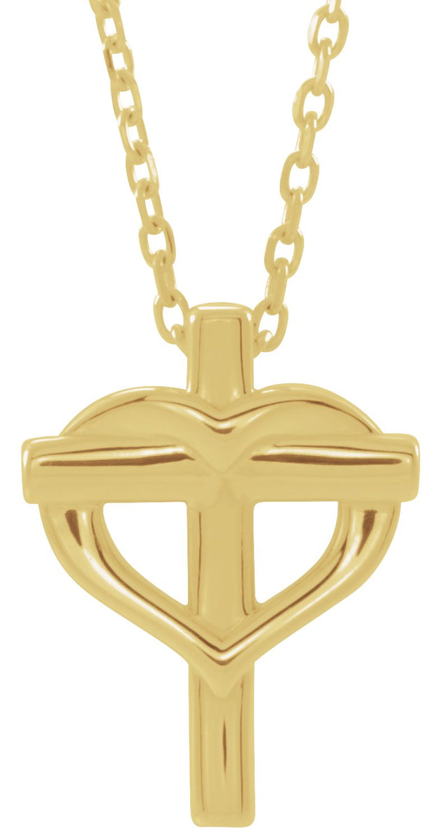 14K Gold Youth Cross with Heart Necklace or Pendant - Yellow Gold