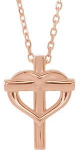 14K Gold Youth Cross with Heart Necklace or Pendant - Rose Gold