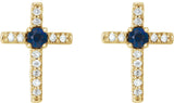 14K Gold Round Lab-Grown Blue Sapphire Accented Cross Earrings - Yellow Gold - view 6