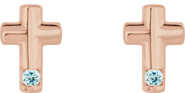 14K Gold Round Natural Aquamarine Accented Cross Earrings - Rose Gold - view 6