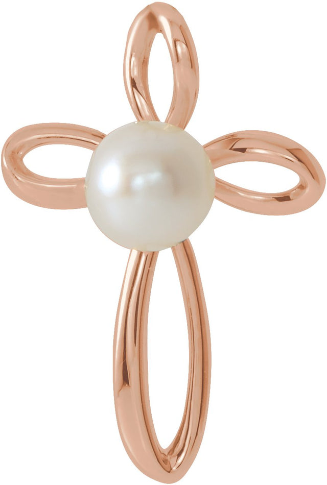 14K Gold Cultured White Freshwater Pearl Pearl Cross Pendant II - Rose Gold