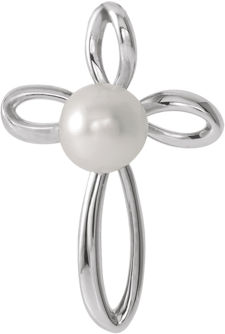 14K Gold Cultured White Freshwater Pearl Pearl Cross Pendant II - White Gold