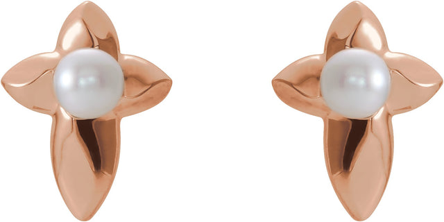 14K Gold Cultured White Freshwater Pearl Pearl Cross Earrings - Rose Gold - view 2