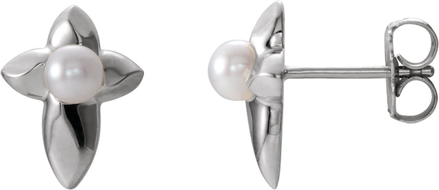 14K Gold Cultured White Freshwater Pearl Pearl Cross Earrings - White Gold
