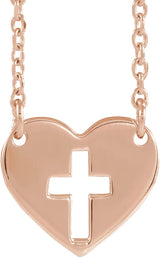 14K Gold Pierced Cross Heart Necklace - Rose Gold