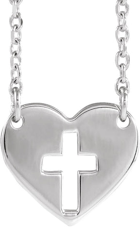 14K Gold Pierced Cross Heart Necklace - White Gold