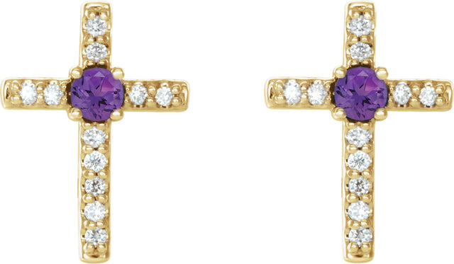 14K Gold Round Natural Amethyst Accented Cross Earrings – 1.5-2mm Stones - Yellow Gold - view 6