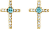 14K Gold Round Natural Blue Zircon Accented Cross Earrings – 1.5-2mm Stones - Yellow Gold - view 6