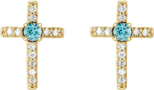 14K Gold Round Natural Blue Zircon Accented Cross Earrings – 1.5-2mm Stones - Yellow Gold - view 6