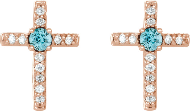 14K Gold Round Natural Blue Zircon Accented Cross Earrings – 1.5-2mm Stones - Rose Gold - view 6