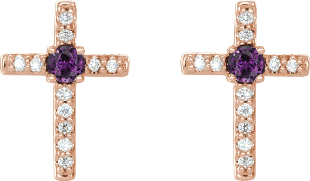 14K Gold Round Natural Alexandrite Accented Cross Earrings – 1.5-2mm Stones - Rose Gold - view 6