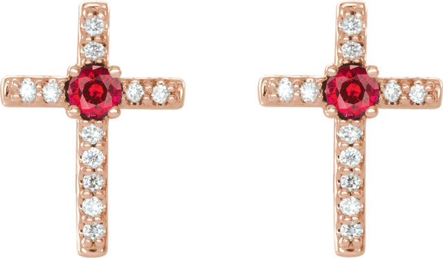 14K Gold Round Natural Ruby Accented Cross Earrings – 1.5-2mm Stones - Rose Gold - view 6
