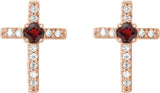 14K Gold Round Natural Mozambique Garnet Accented Cross Earrings – 1.5-2mm Stones - Rose Gold - view 6
