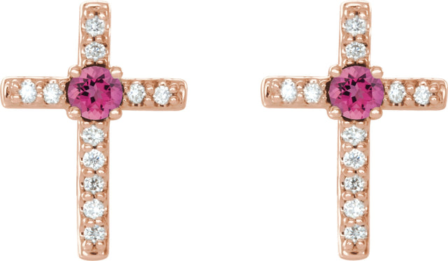 14K Gold Round Natural Pink Tourmaline Accented Cross Earrings – 1.5-2mm Stones - Rose Gold - view 6