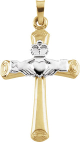 14K Gold Hollow Claddagh Cross Pendant – 27x19.5mm