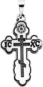 14K Gold Orthodox Cross Pendant with Black Inlay - White Gold