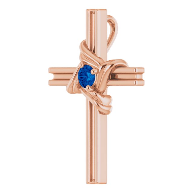 14K Gold Round Natural Blue Sapphire Accented Cross Pendant III - Rose Gold - view 5