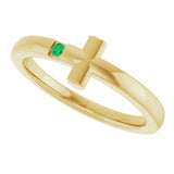 14K Gold Round Natural Emerald Youth Sideways Cross Ring - Yellow Gold - view 15