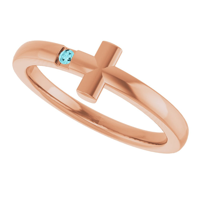 14K Gold Round Natural Blue Zircon Youth Sideways Cross Ring - Rose Gold - view 15