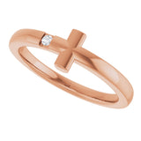 14K Gold Round Natural White Sapphire Youth Sideways Cross Ring - Rose Gold - view 15