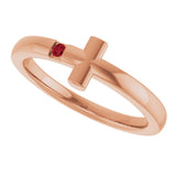 14K Gold Round Natural Ruby Youth Sideways Cross Ring - Rose Gold - view 15