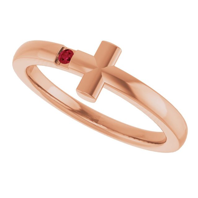 14K Gold Round Natural Ruby Youth Sideways Cross Ring - Rose Gold - view 15