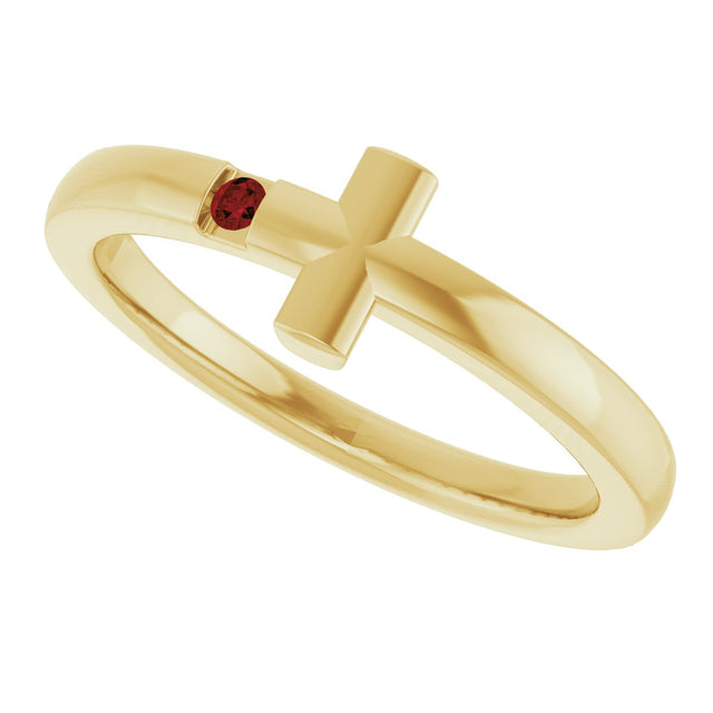 14K Gold Round Natural Mozambique Garnet Youth Sideways Cross Ring - Yellow Gold - view 12