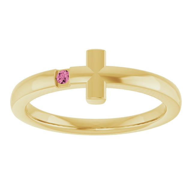14K Gold Round Natural Pink Tourmaline Youth Sideways Cross Ring - Yellow Gold - view 13