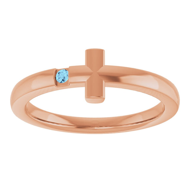 14K Gold Round Natural Aquamarine Youth Sideways Cross Ring - Rose Gold - view 13
