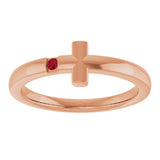 14K Gold Round Natural Ruby Youth Sideways Cross Ring - Rose Gold - view 13