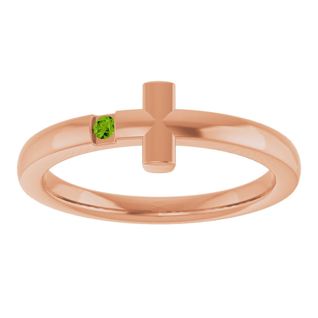 14K Gold Round Natural Peridot Youth Sideways Cross Ring - Rose Gold - view 13